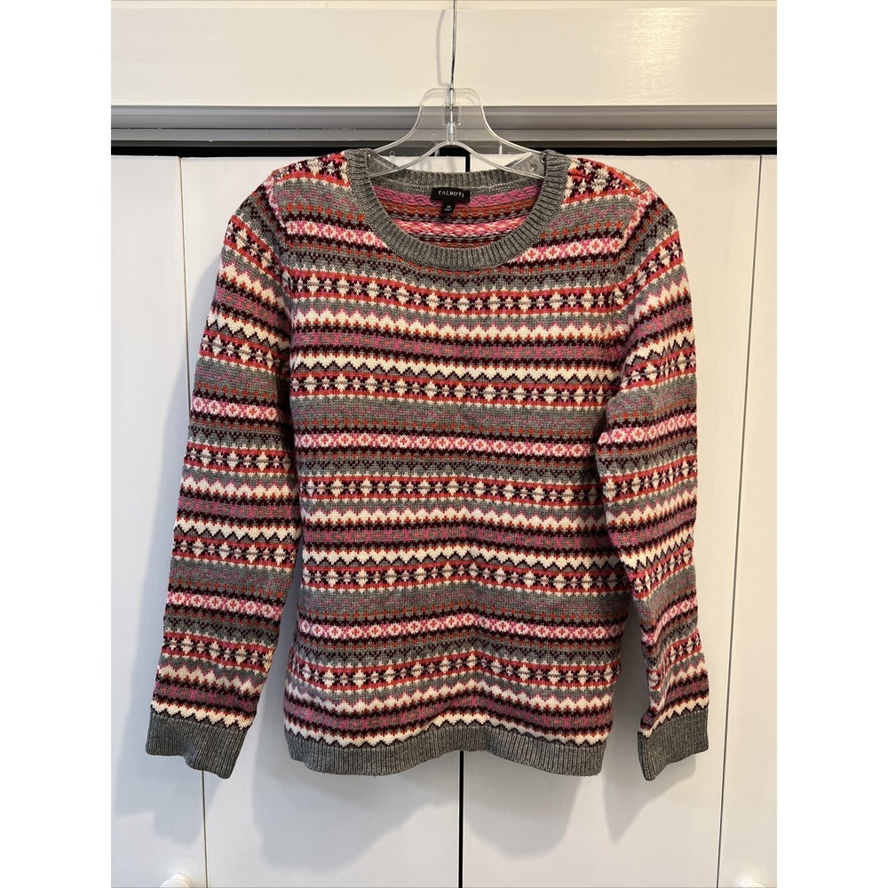 TALBOTS Nordic Fair Isle Pullover Sweater Lambswool Blend Soft Pink/Gray‎ Sz M